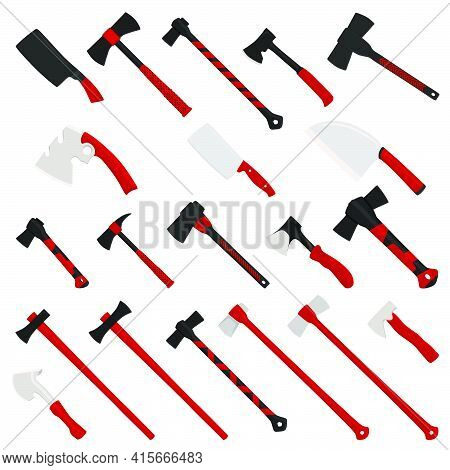 Illustration On Theme Big Kit Steel Axes With Wooden Handle, Metal Ax For Hunting. Pattern Ax Consis