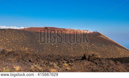 Mount Etna In Sicily Near Catania, Tallest Active Europe Volcano In Italy. Traces Of Volcanic Activi