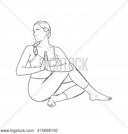 Woman Practicing Yoga Asana And Movements. Hatha Yoga Lord Of The Fishes Pose. Sketch Vector Illustr