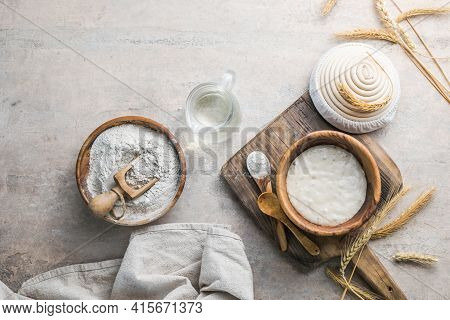 The Leaven For Bread Is Active. Starter Sourdough ( Fermented Mixture Of Water And Flour To Use As L