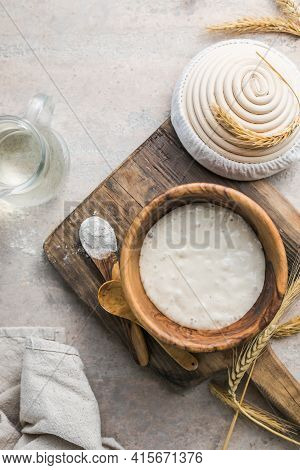 The Leaven For Bread Is Active. Starter Sourdough ( Fermented Mixture Of Water And Flour To Use As L