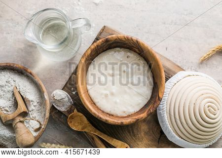 The Leaven For Bread Is Active. Starter Sourdough ( Fermented Mixture Of Water And Flour To Use As L