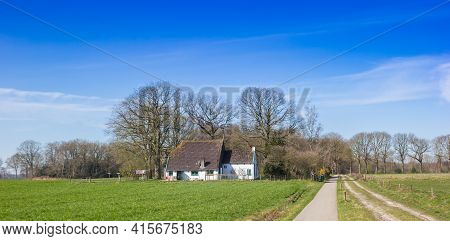 Panorama Of A Little White Farm In Nature Area Drents-friese Wold, Netherlands