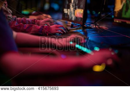 Gamers Play On Computers, Close Up Of Hands And Keyboard