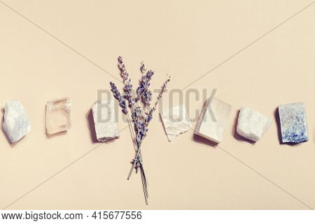 Lavender And Crystal Minerals On Beige Background. Magic Rock For Crystal Ritual, Witchcraft, Spirit