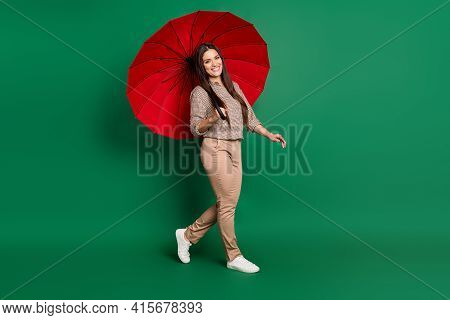 Photo Of Lovely Cute Lady Hold Parasol Walk Wear Checkered Shirt Pants Footwear Isolated Green Color