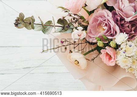 A Large And Beautiful Bouquet Of Fresh Roses, Eustoma, Matiola, Freesia, Eucalyptus, Hydrangea In De