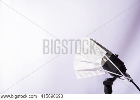 Home Work, Professional Condenser Microphone Using Mask Against Covid-19 On White Background, High K