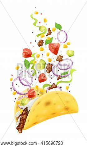 Taco. Traditional Mexican Fast Food. Corn Tortilla With Filling, Isolated On White Background. Eps10