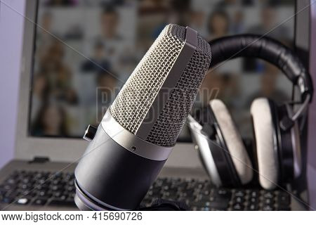 Home Work, Professional Condenser Microphone, Computer And Headset On Light Background, Selective Fo