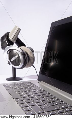 Home Work, Professional Condenser Microphone, Computer And Headset On Light Background, Selective Fo