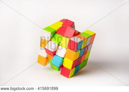 Araras, São Paulo, Brazil, April 4, 2021, Magic Cube With White Background And Shadow, Selective Foc