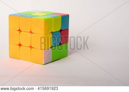 Araras, São Paulo, Brazil, April 4, 2021, Magic Cube With White Background And Shadow, Selective Foc