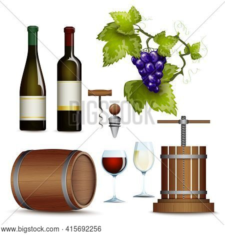 Traditional Vinery Farm Production With  Grape Press And Red Wine Bottle Flat Icons Collection Abstr