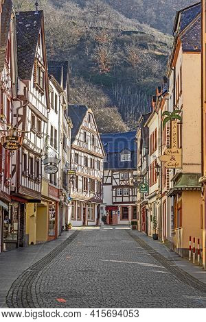 Bernkastel-kues, Germany - February 21, 2021: Half-timbered Houses At The Central Shopping Mile In B