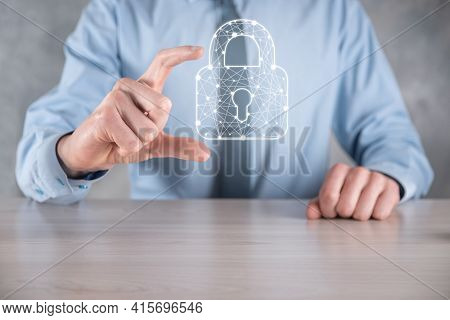 Cyber Security Network. Padlock Icon And Internet Technology Networking. Businessman Protecting Data