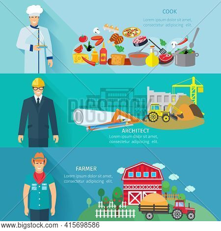 Profession Horizontal Banner Set With Cooker Farmer Architector Avatars Isolated Vector Illustration