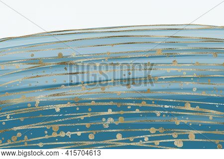 Abstract Luxury Liquid Marble Blue Watercolor Background With Gold Glitter. Agathe Marbled Wave Spla