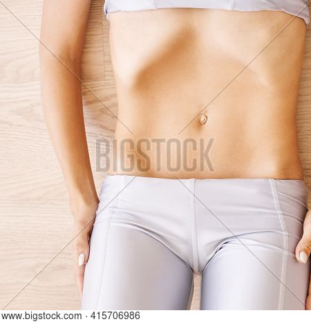Young Pretty Woman Do Breathing Exercise. Home Sport Workout. Healthy Lifestyle. Long Blond Hair. Fe