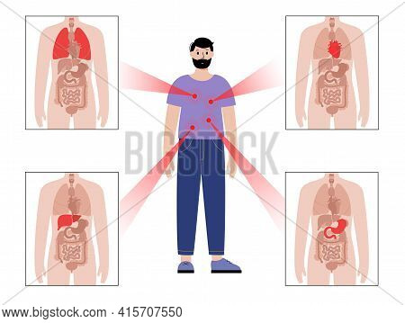 Pain In Internal Organs In The Man Body. Problem With Heart, Stomach, Lungs And Liver In Male Silhou
