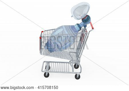 Shopping Cart With Bag Valve Mask, Ambu Bag, 3d Rendering Isolated On White Background