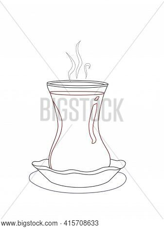 A Glass Of Traditional Turkish Tea On A Saucer. Vector Illustration, Contour Icon Isolated On A Whit