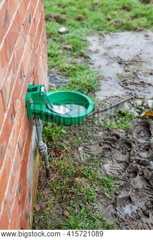 On The Wall There Is A Drinking Trough For Cattle Next To A Meadow