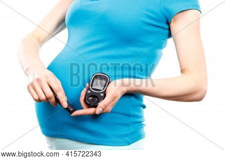 Pregnant Woman Holding Glucose Meter With Bad Result Of Sugar Level And Checking Sugar Level, Concep