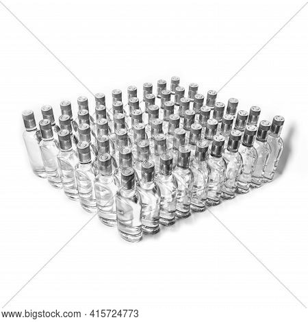 Sixty 60 Of Pure Alcohol Bottles Not Labeled. Bottles Of Home Alcoholic Beverages Isolated On White.