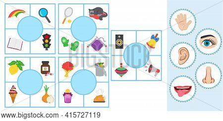 Matching Children Educational Game. Pazl. Match Of Sense Organs And Objects. Activity For Preschool 