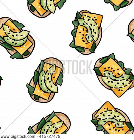 Breakfast Toasts Doodles Seamless Border Pattern. Cute Cartoon Tasty Tapas With Avocado Repeatable B