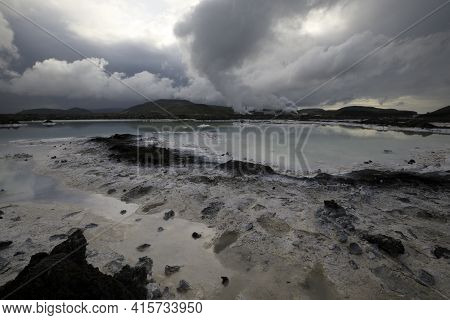 Grindavik / Iceland - August 15, 2017: The Geothermal Hot Water And Landscape Around Blue Lagoon, Re