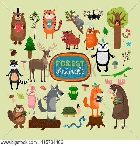 Vector Forest Animals Set. Tiger Koala Bat Squirrel Panda Raccoon Deer Lizard Rabbit Wolf Beaver Fox