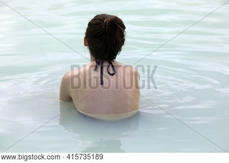 Grindavik / Iceland - August 15, 2017: Tourist Relaxing In Hot Water At Blue Lagoon, Reykjavik, Icel