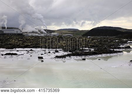 Grindavik / Iceland - August 15, 2017: The Geothermal Hot Water And Landscape Around Blue Lagoon, Re