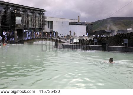 Grindavik / Iceland - August 15, 2017: Tourist Relaxing In Hot Water At Blue Lagoon, Reykjavik, Icel