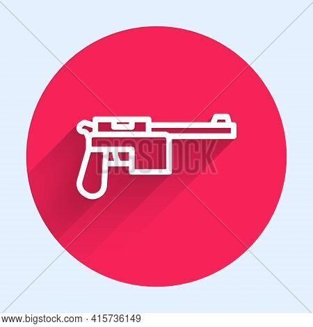 White Line Mauser Gun Icon Isolated With Long Shadow. Mauser C96 Is A Semi-automatic Pistol. Red Cir