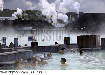 Grindavik / Iceland - August 15, 2017: Tourist Relaxing In Hot Water At Blue Lagoon, Reykjavik, Icel
