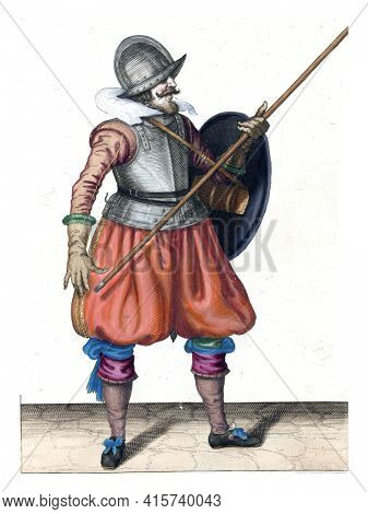 The exercise with shield and spear: the soldier brings in three times the skewer back in the resting position, first movement, vintage engraving.