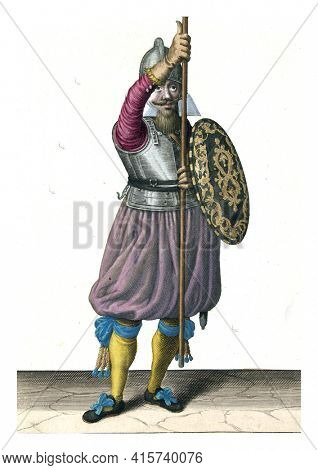 The exercise with shield and spear: the soldier brings in three times the skewer back in the resting position, second movement, vintage engraving.