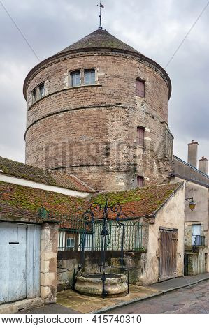 Street With Tower In Semur En Auxois, France