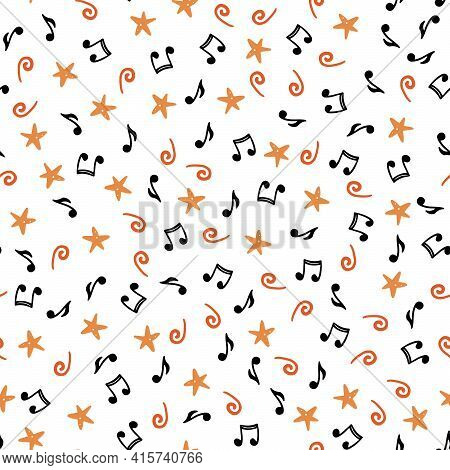 Hand Drawn Seamless Pattern Of Musical Notes. Flat Sketch Style. Isolated Vector Illustration For Fo