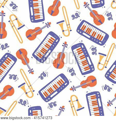 Hand Drawn Seamless Pattern Of Musical Instrument. Flat Sketch Style. Isolated Vector Illustration F