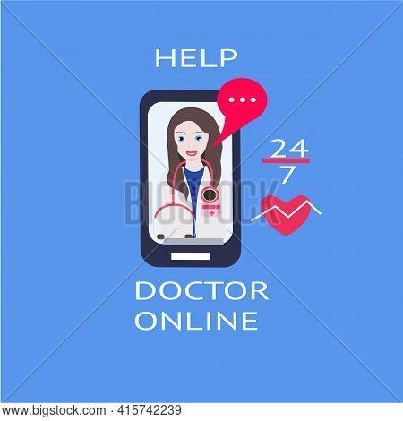 Doctor Working Online On Computer. Flat Style Vector Illustration. Icon Allday Help