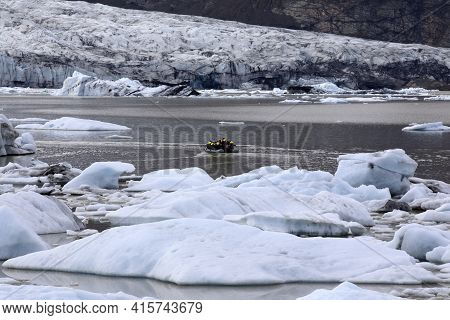 Fjallsarlon / Iceland - August 18, 2017: Fjallsarlon Glacier Lagoon View With Ice Formations, Icelan