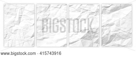 Set Of Wrinkled White Paper In A4 Format. Crumpled Empty Sheets Of Paper With Shadow For Posters And