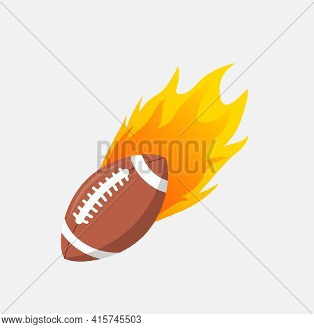 American Football Ball In Fire Flame. Rugby Fireball Cartoon Icon. Fast Ball Logo In Motion Isolated