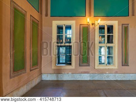 Corner Orange Wall With Two Wooden Windows With Green Shutters, Beautiful Elegant Rectangular Green 