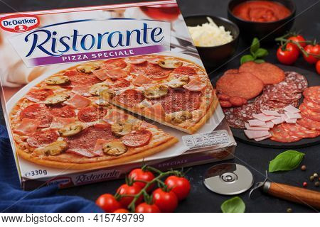 London, Uk - November 20, 2019: Box Of Dr.oetker Ristorante Pizza Speciale With Salami And Ham, Chee