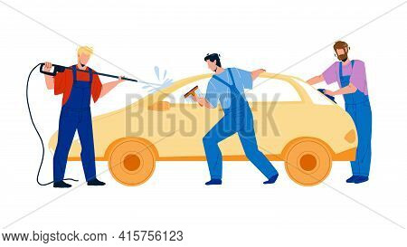 Car Wash Service Workers Washing Automobile Vector. Car Wash Station Man With Equipment Water Sprayi
